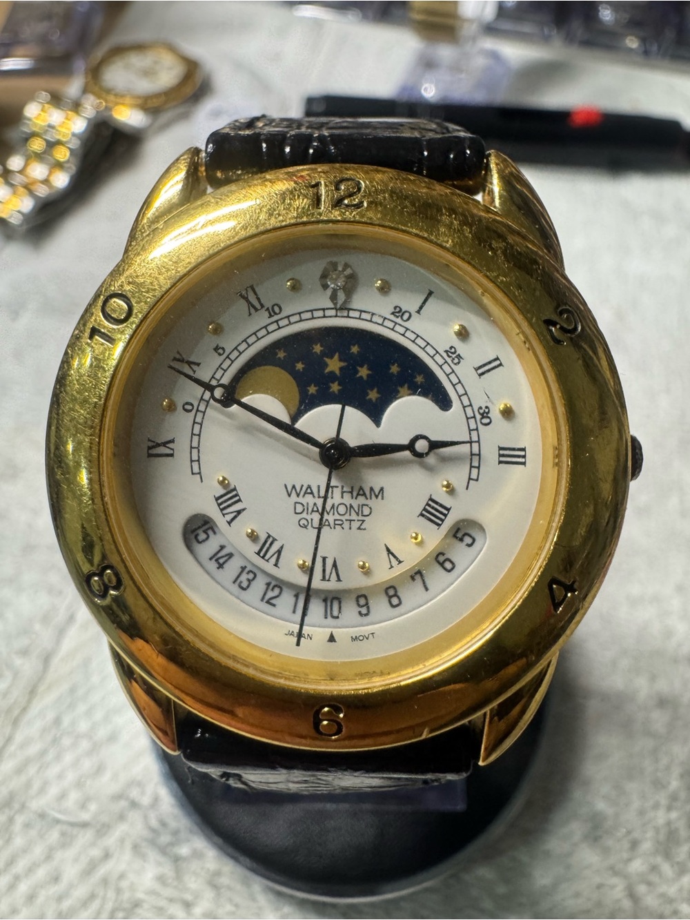 Waltham Gold-Tone Moonphase Quartz Watch with Black Strap